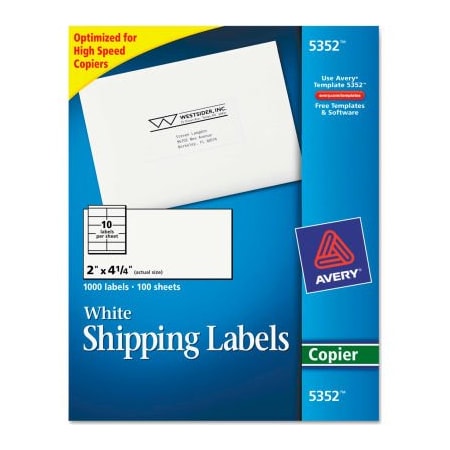 Avery Avery Self-Adhesive Shipping Labels for Copiers, 2 x 4-1/4, White, 1000/Box 5352